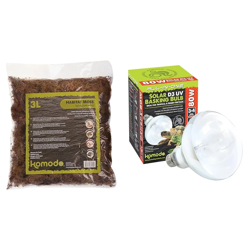 Komodo Habitat Moss 3 L & Solar D3 UV Basking Bulb 80W – Reptile Substrate and Lighting Bundle