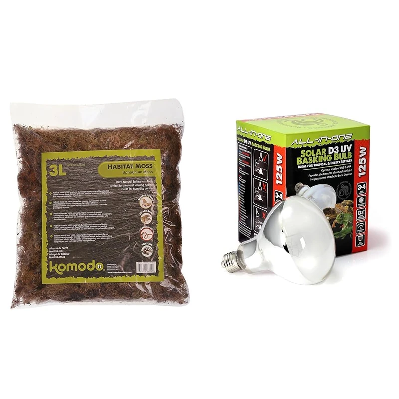 Komodo Habitat Moss 3 L & Solar D3 UV Basking Bulb 125W – Reptile Substrate and Lighting Bundle