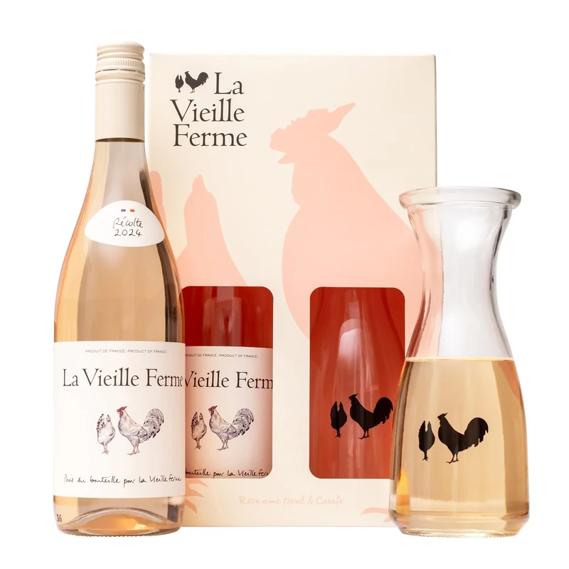 La Vieille Ferme Rose Wine Gift Set – Chicken Wine, Official Licensed Luxury Rosé Wine Bottle 750 ml & Carafe, Elegant Wine Gifts for Women, Birthday - Premium Alcohol Set, Ladies, Mum, Christmas