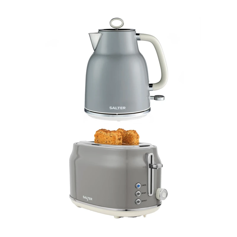 Salter Retro Grey Kettle & Toaster Set – 1.7L 3KW Rapid Boil Cordless Kettle with Boil Dry Protection & Auto Shut-Off, 815W 2-Slice Wide Slot Toaster with 6 Browning Levels & Defrost/Reheat/Cancel
