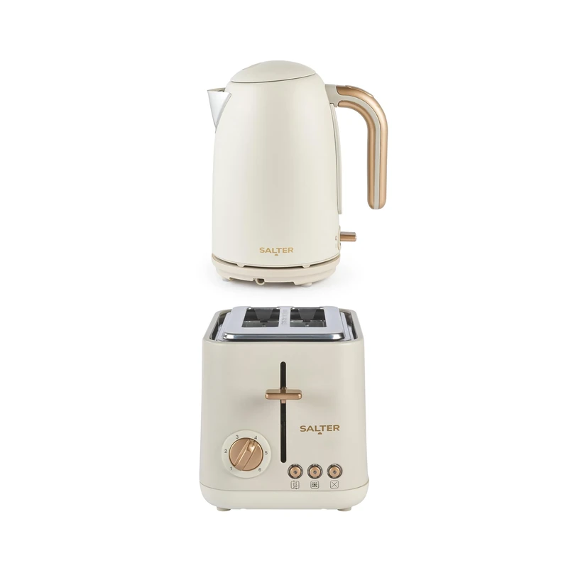 Salter Pebble Kettle & 2-Slice Toaster Set - 1.7L 3KW Rapid Boil Electric Kettle with Boil Dry Protection, 815W Wide Slot Toaster with 6 Browning Levels & Defrost/Reheat/Cancel Functions, Stone