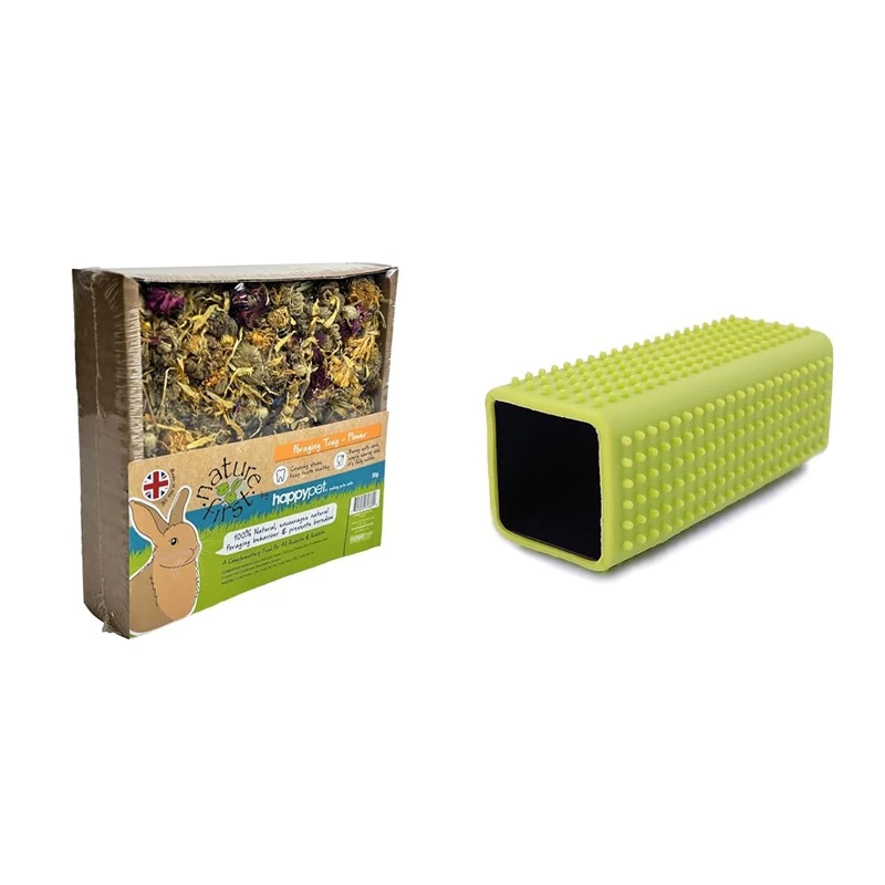 Happy Pet Edible Flower Foraging Tray & Groom Pet Hair Eraser – Natural Small Animal Treat and Pet Fur Remover Tool