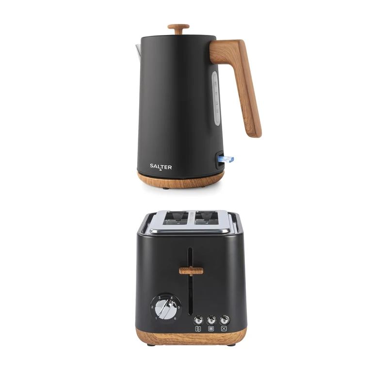 Salter Toronto Kettle & 2-Slice Toaster Set - 1.7L 3KW Rapid Boil Cordless Kettle with Boil Dry Protection, 815W Wide Slot Toaster with 6 Browning Levels & Defrost/Reheat/Cancel, Matte Black