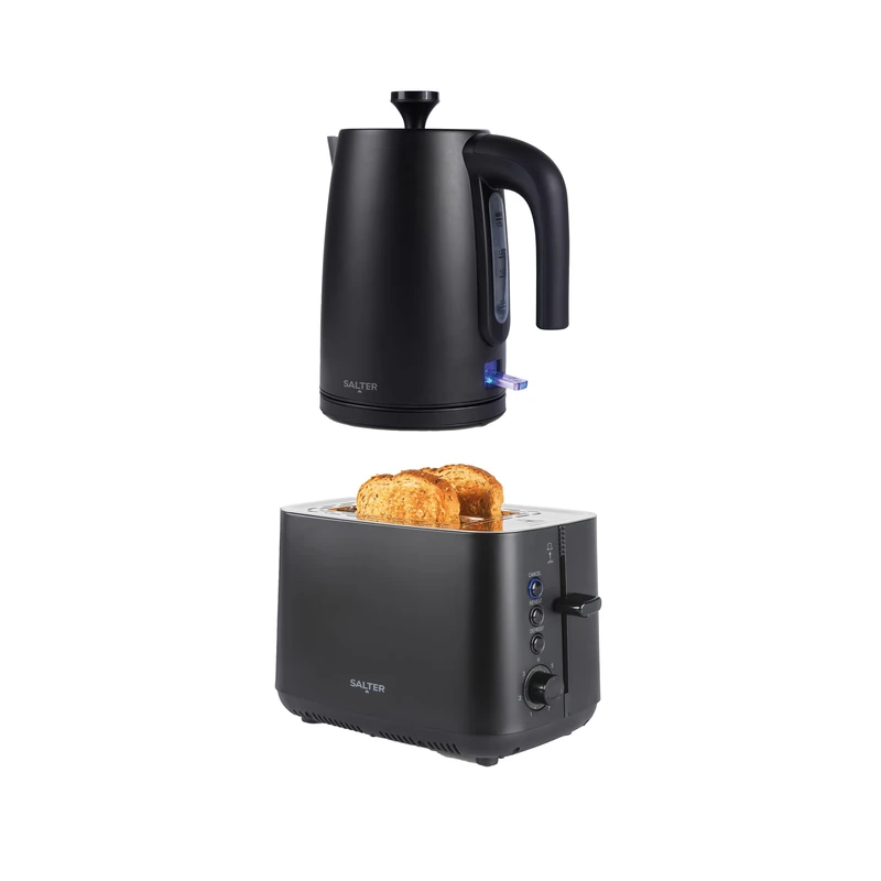 Salter Kuro Toaster & Kettle Set – 2-Slice High-Lift Toaster with 7 Browning Levels & Defrost/Reheat/Cancel, 3000W Rapid Boil Kettle with Anti-Limescale Filter, Auto Shut-Off & Boil-Dry Sensor, Black