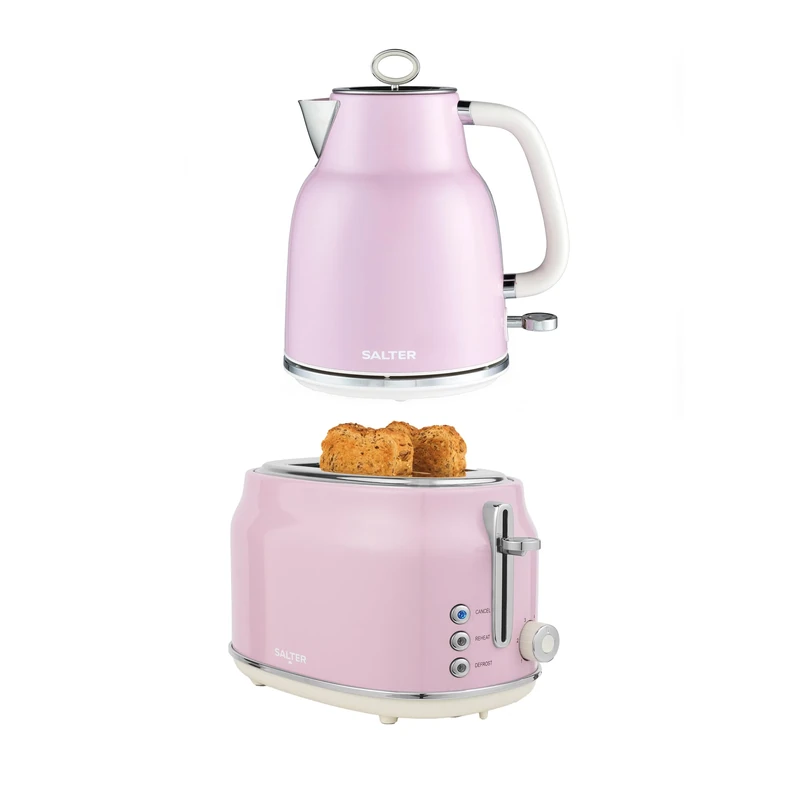 Salter Retro Pink Kettle & Toaster Set – 1.7L 3KW Rapid Boil Cordless Kettle with Boil Dry Protection & Auto Shut-Off, 815W 2-Slice Wide Slot Toaster with 6 Browning Levels & Defrost/Reheat/Cancel