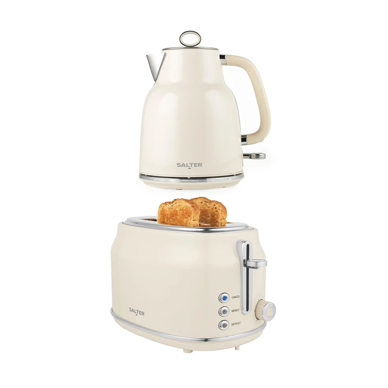 Salter Retro Cream Kettle & Toaster Set – 1.7L 3KW Rapid Boil Cordless Kettle with Boil Dry Protection & Auto Shut-Off, 815W 2-Slice Wide Slot Toaster with 6 Browning Levels & Defrost/Reheat/Cancel