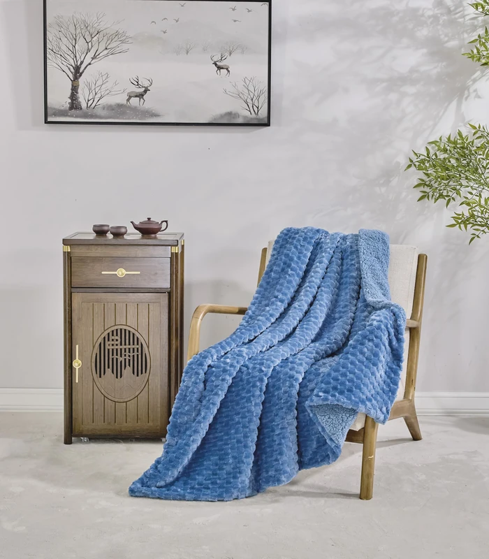 Miracle Home. Fleece Blanket Reversible Microfiber Pearl Flannel Velvet and Sherpa 280GSM-180GSM, Soft, Warm and Lightweight, Machine Washable, 220 X 240, Blue