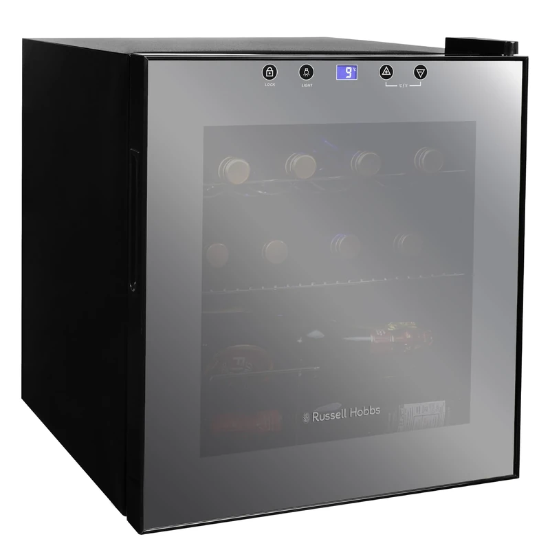 Russell Hobbs Wine Cooler 46 Litre 12 Bottle Undercounter Freestanding Beverage Holder for Beer, Stainless Steel, LED Light, Drinks & Snacks Mirrored Glass Door, RH15WC201MR