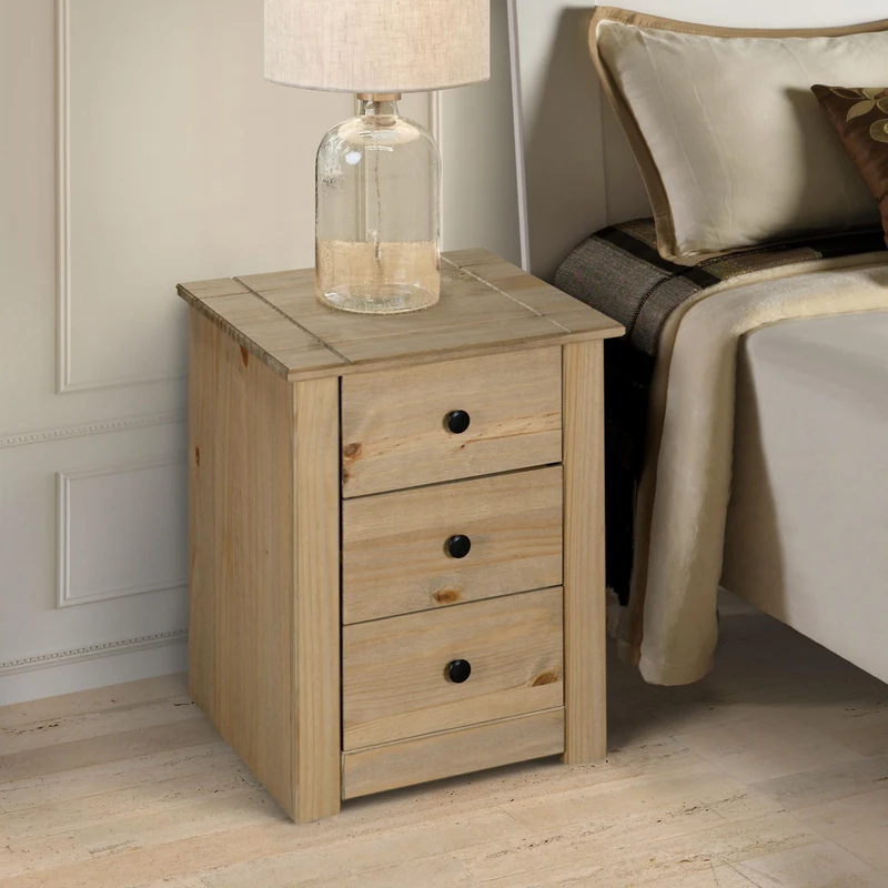 Mews Panama 3 Drawer Bedside Table Cabinet Solid Pine Wood Waxed Oak Finish