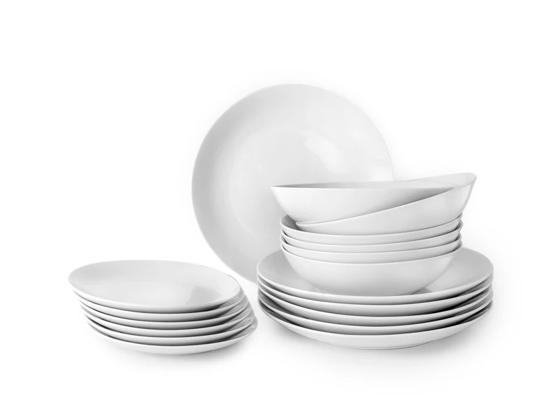 Set of 18 White Bologna, Ceramic Material, Microwave Safe, Includes Plates and Cups. Designed for: Everyday use and Special Occasions. - Image 1