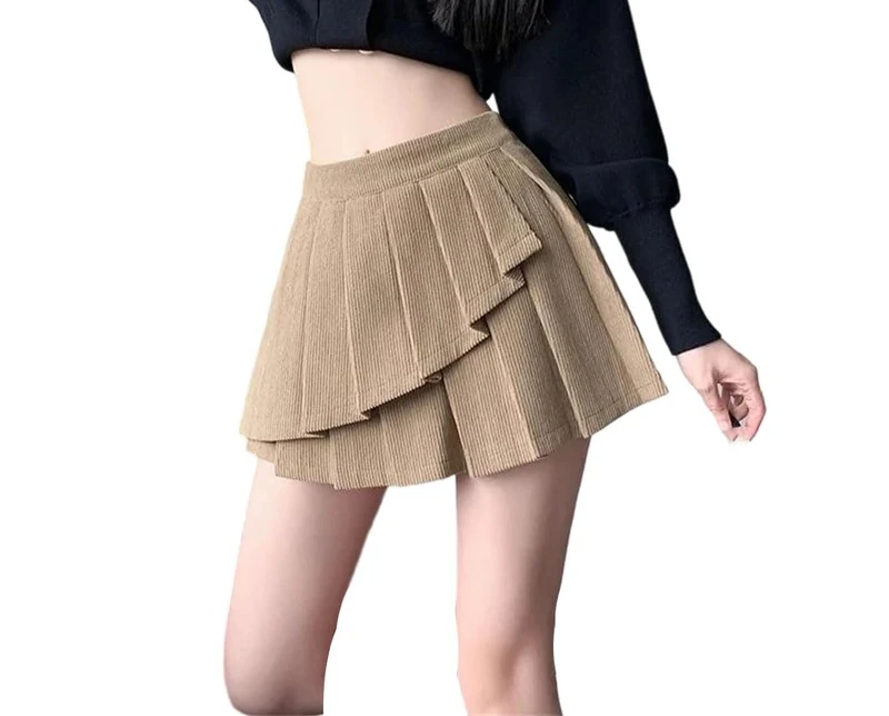 High Waist Vintage Corduroy Short Pleated Skirts Casual Cake Mini Skirt Girls Khaki XL