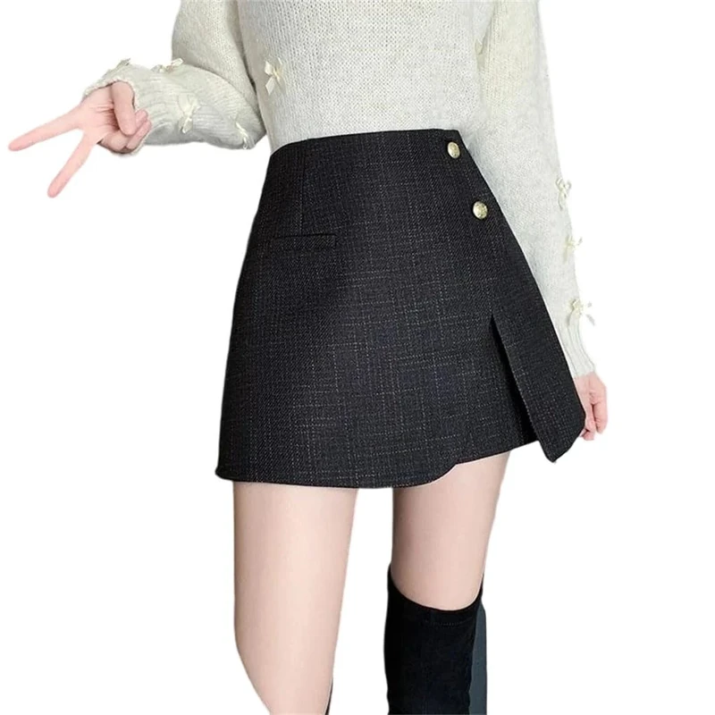 Irregular Slim Shorts Skirts with Button High Waist Casual Wear Mini A-Line Skirt Black XL