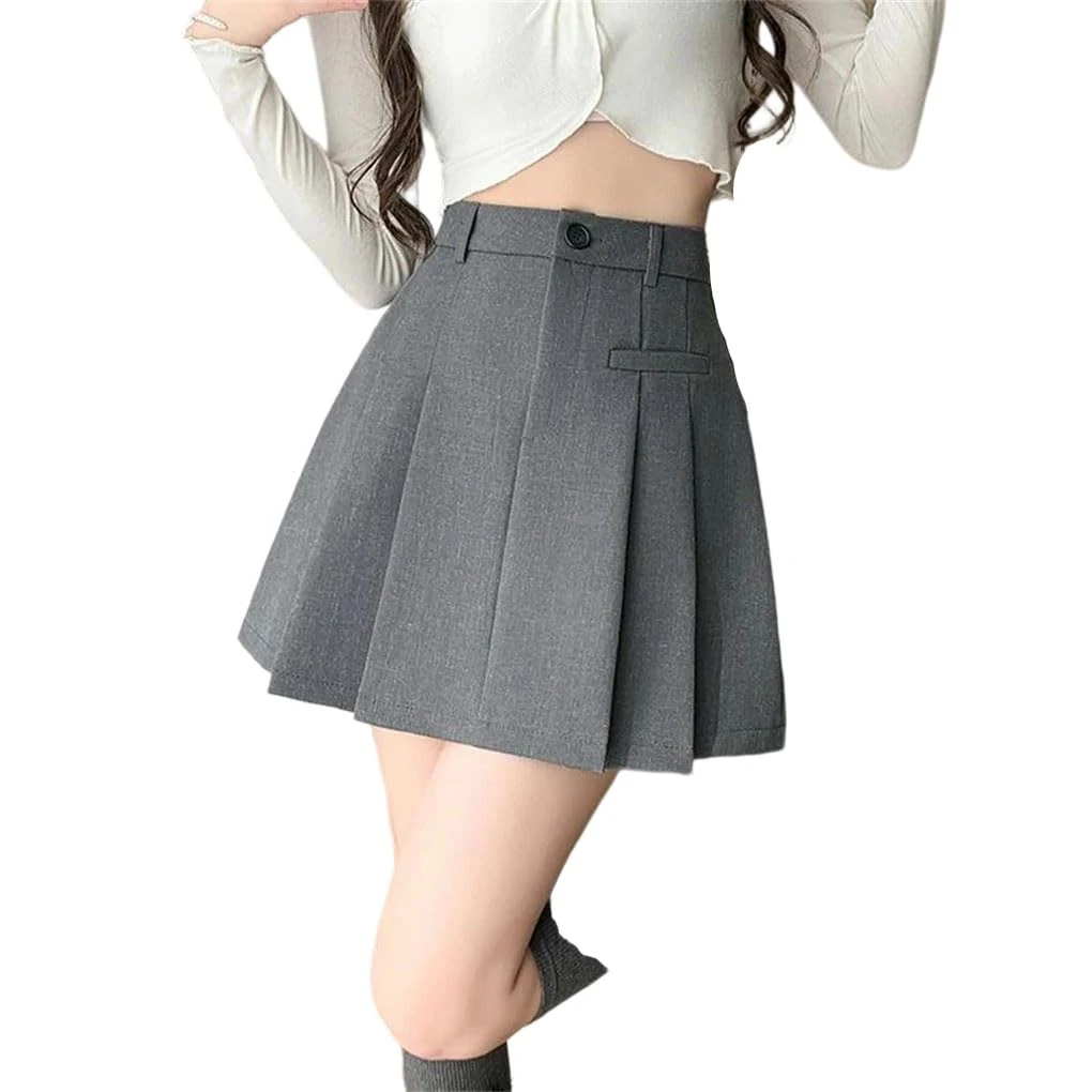 Casual Short Mini Skirt for Women High Waist Fabric Wear Pleated Skirts Female Gray XL