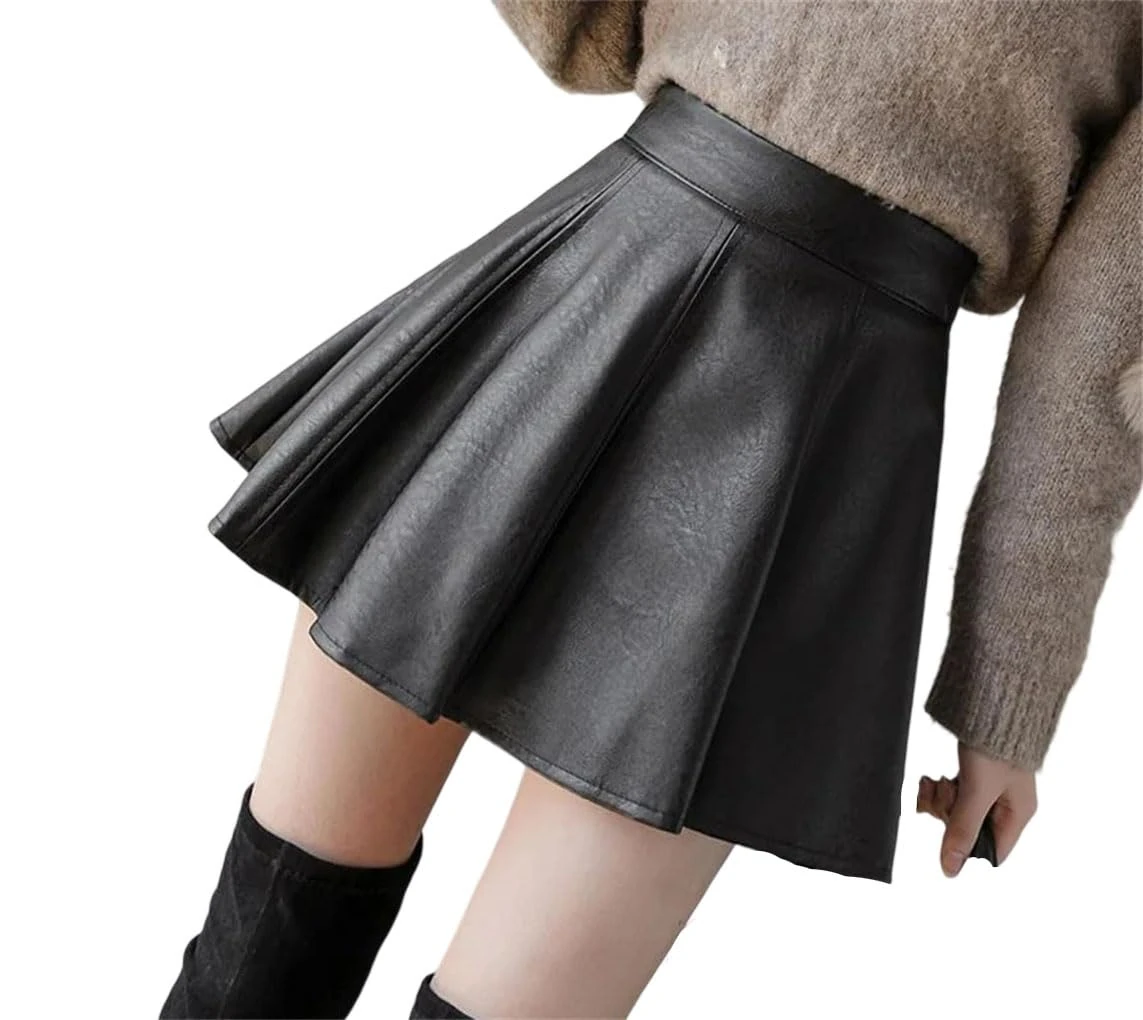 Pu Pleated Skirt Women Solid Color Leather High Waist Zipper Mini Skirt Black XXL
