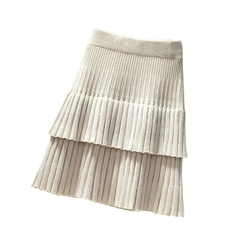 Women Mini Vintage Knitted Skirt Elastic WAIS High Waist Stitching Cake Pleated Skirts Khaki