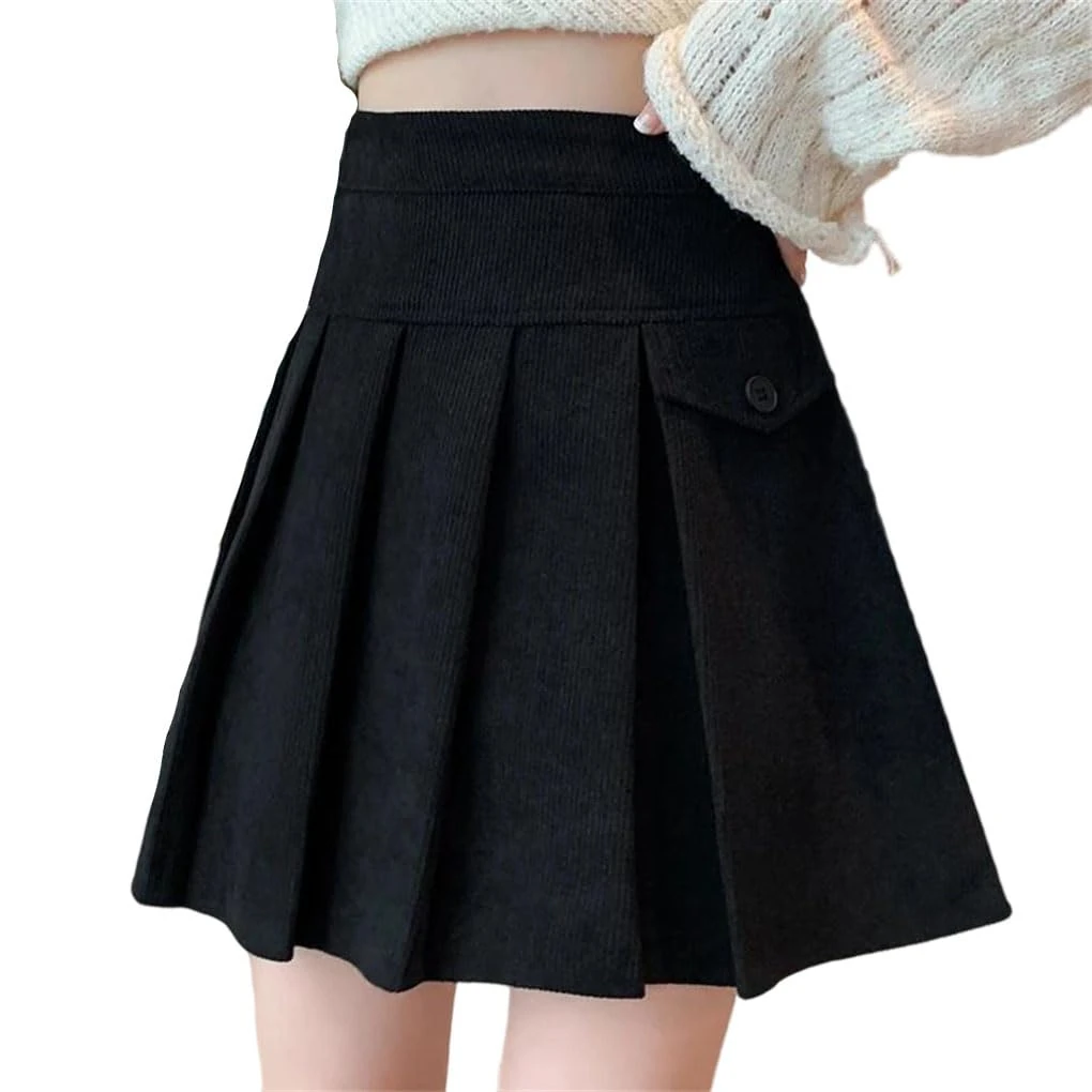 Vintage Corduroy Pleated Skirt Woman High Waist Casual Short Mini Skirts Lady Black S