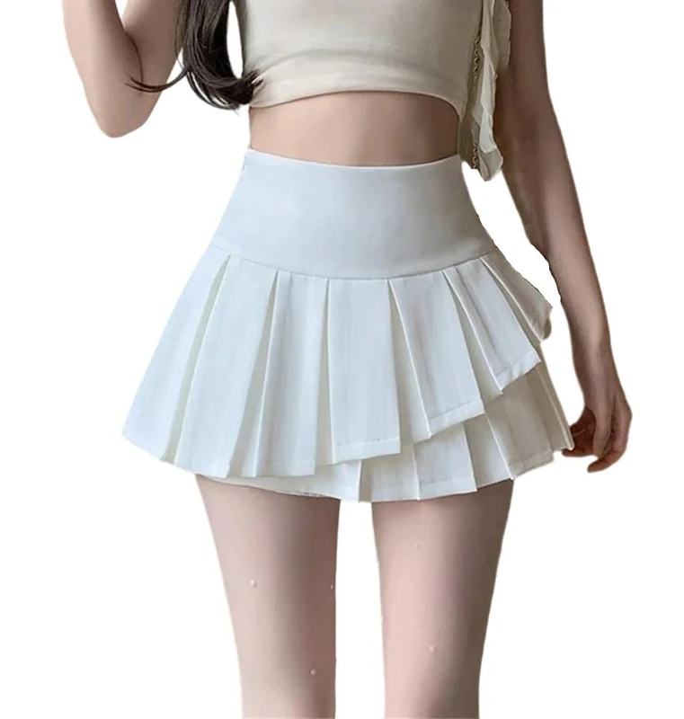 Preppy Style Irregular Pleated Short Skirt for Women High Waist Casual School Mini Skirts with Ruffles White M