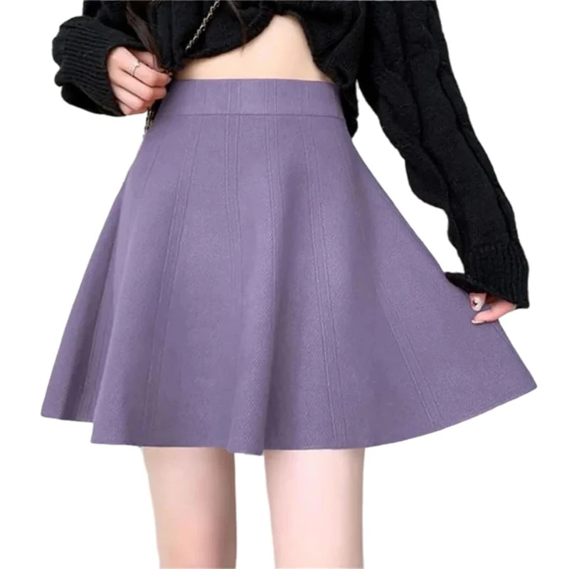 Women Solid Casual Knitted Mini Skirts Elastic Waist A-Line Loose Folds Party Skirts Purple