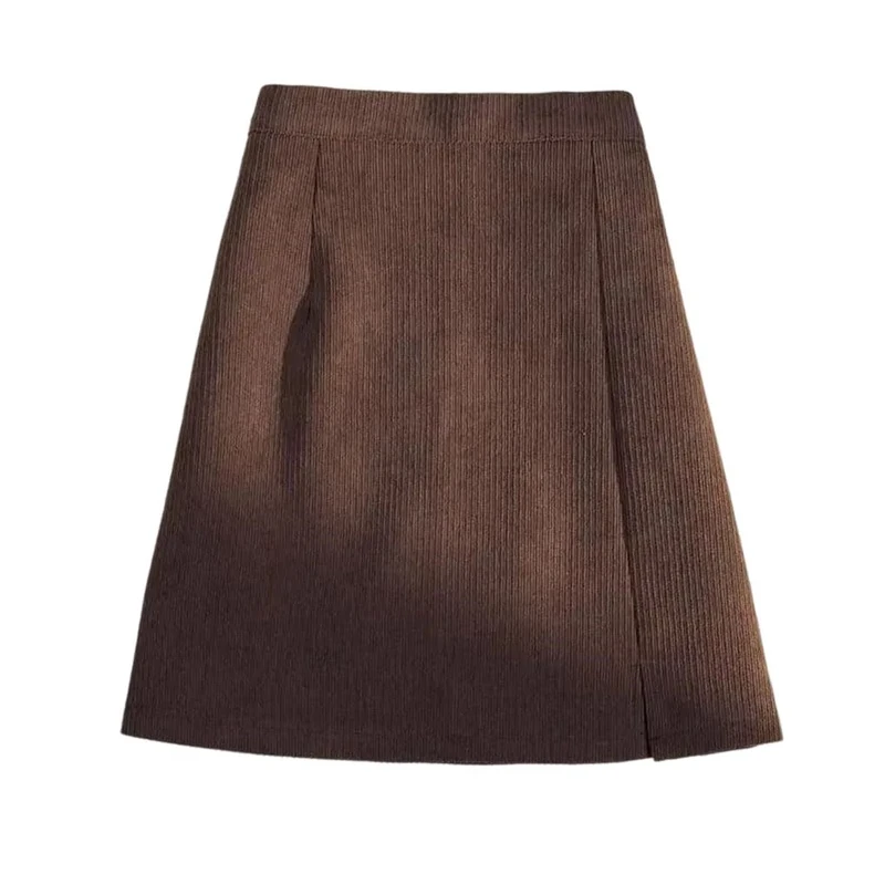 High Waist Mini Skirts Women Corduroy Side Slit A-Line Coffee XXXL