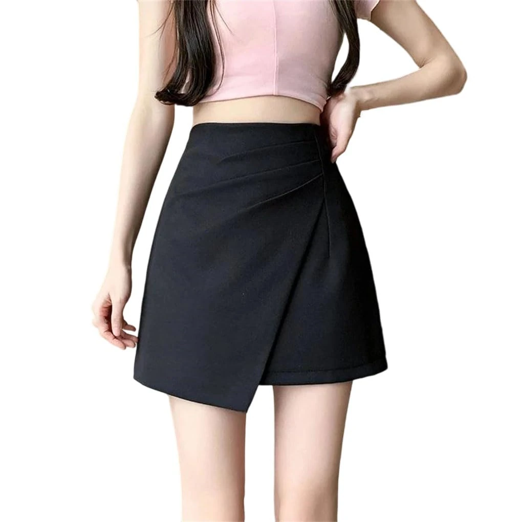 High Waist Fold Asymmetric Short Pencil Skirt for Women Casual A-Line Mini Skirts Ladies Black L