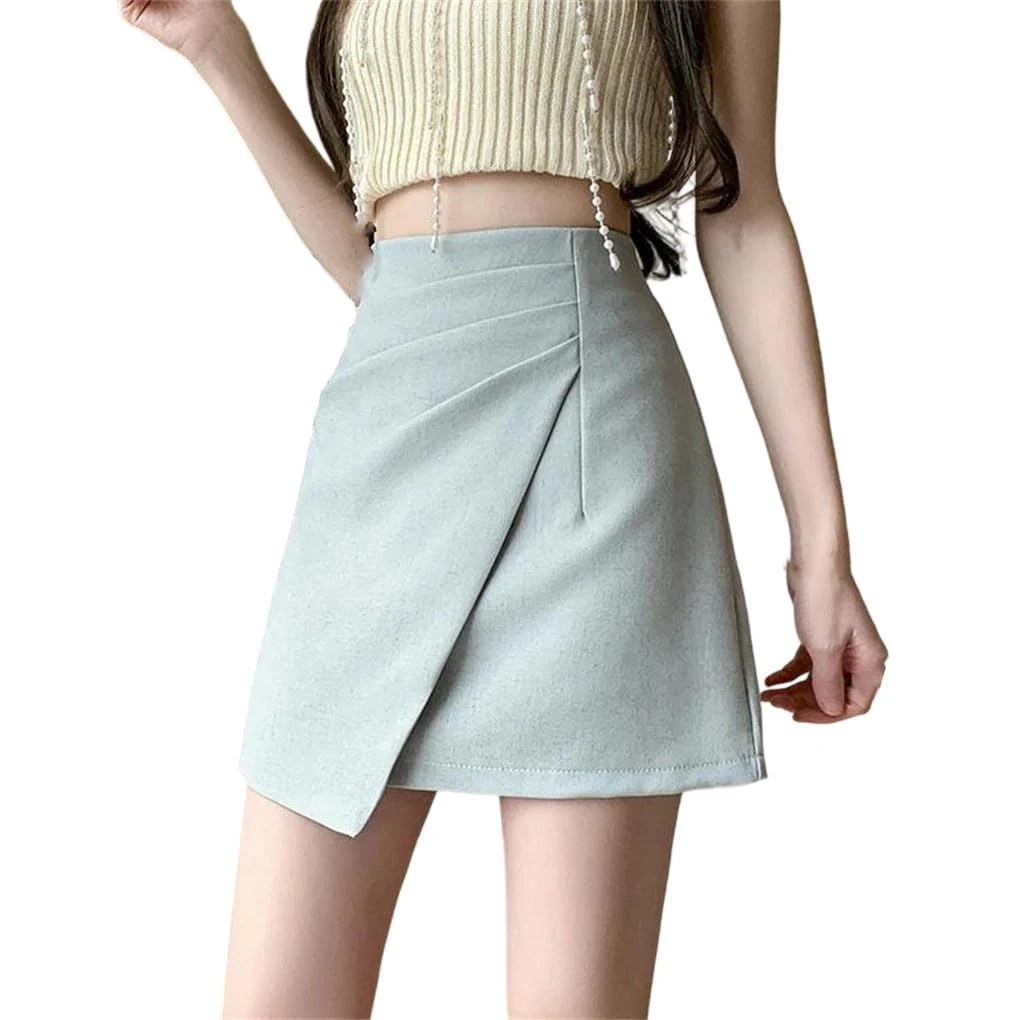 High Waist Fold Asymmetric Short Pencil Skirt for Women Casual A-Line Mini Skirts Ladies Blue L