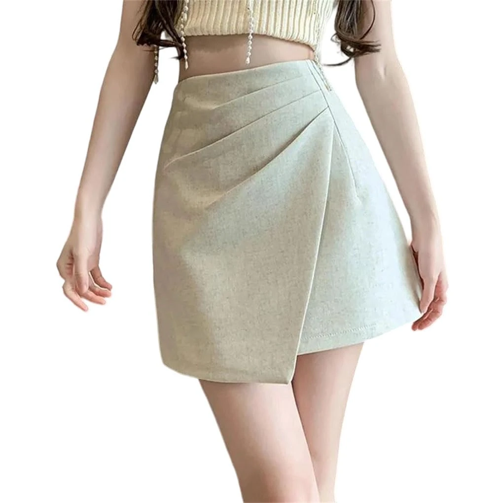 High Waist Fold Asymmetric Short Pencil Skirt for Women Casual A-Line Mini Skirts Ladies Beige L