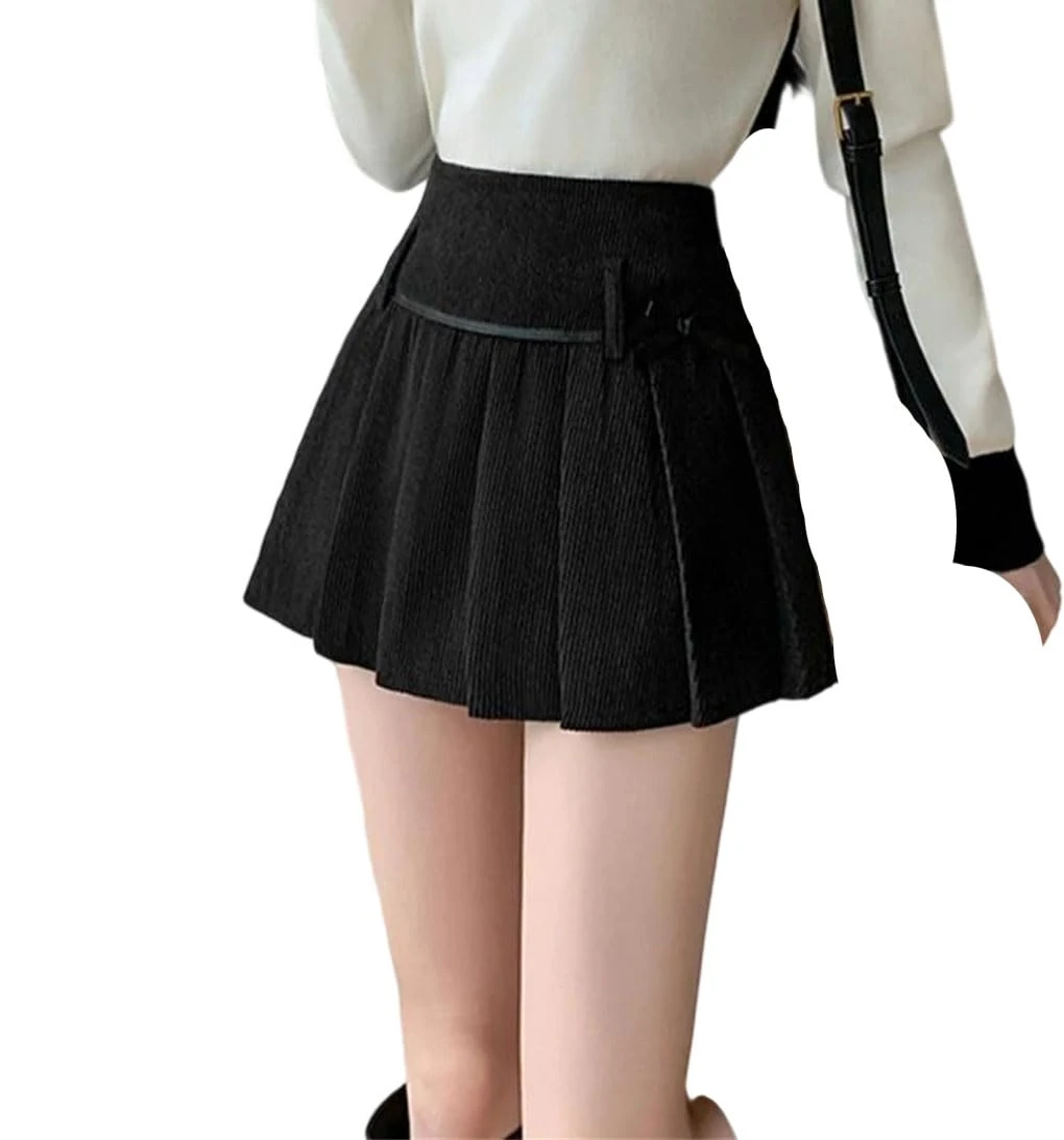 Women's Retro Bow Corduroy Pleated Skirt Woman College Style Mini Skirts Black L