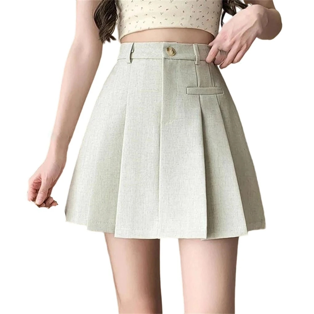 Casual Short Mini Skirt for Women High Waist Fabric Wear Pleated Skirts Female Beige XL