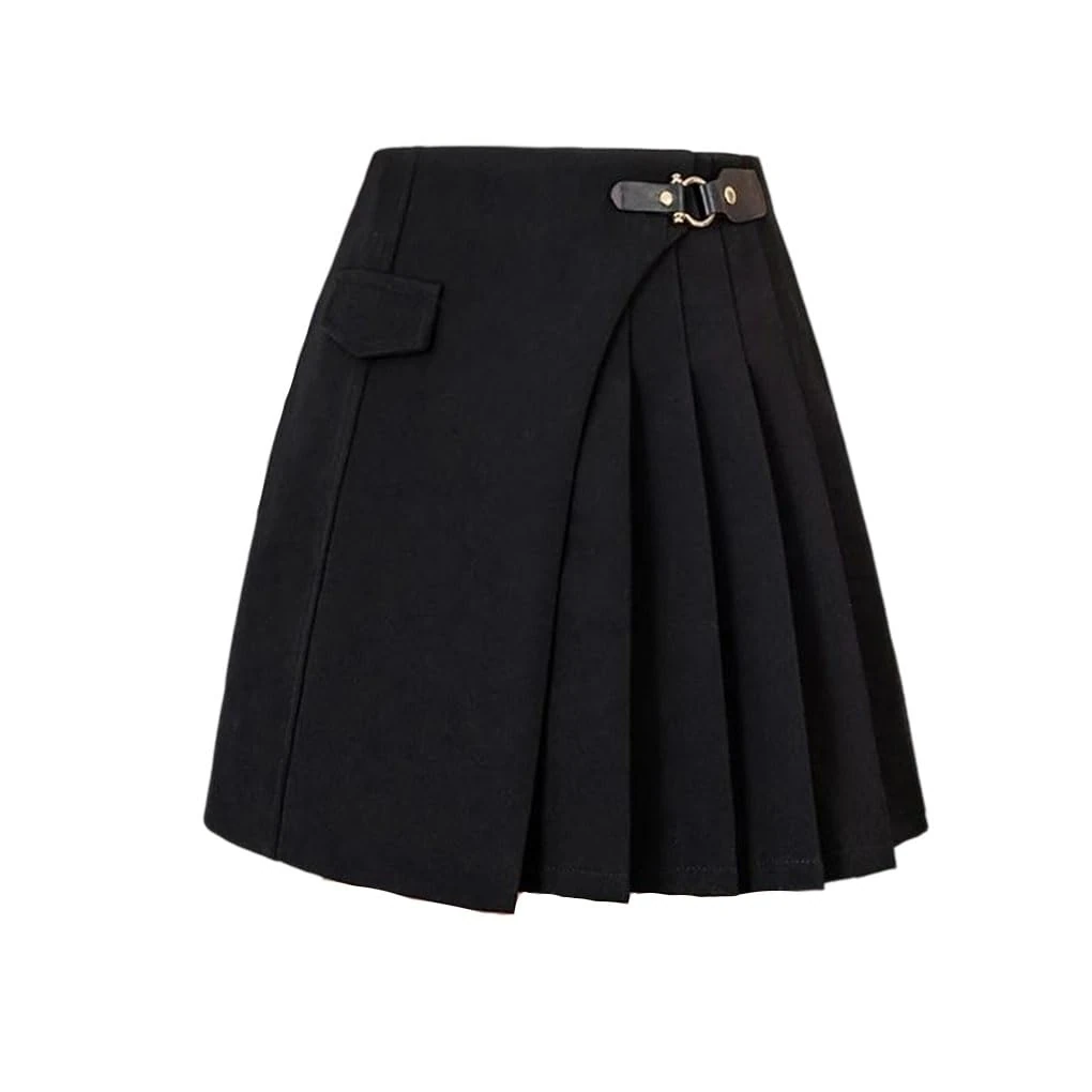 Women's Irregular Skirt with Buckle High Waist Casual Mini Short Skirts Black XL