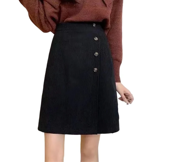 Women's Corduroy Mini Skirts Slim High Waist Solid Button Skirt Black XXXL