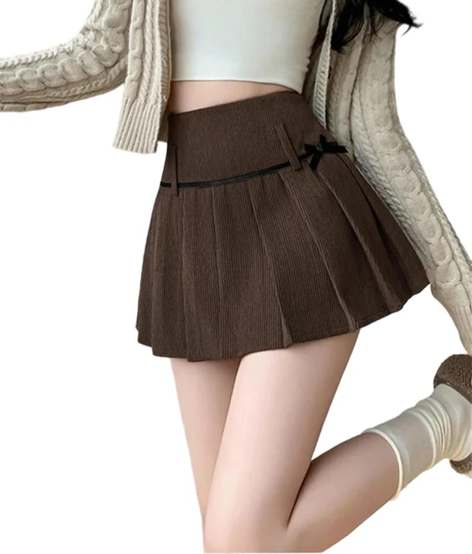 Women's Retro Bow Corduroy Pleated Skirt Woman College Style Mini Skirts Coffee L
