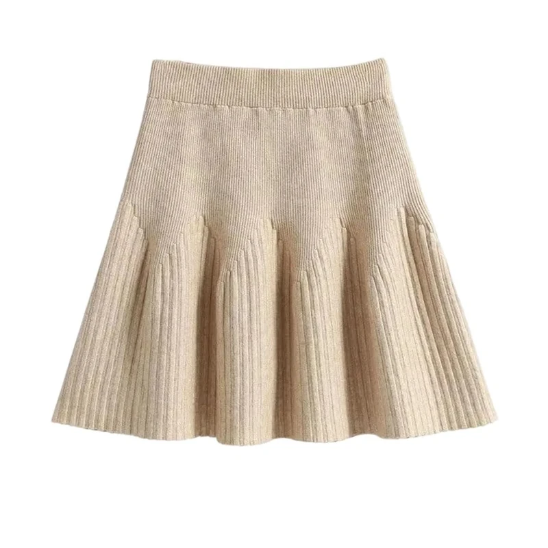 Women Elastic Waist Knitting Skirts Solid Elegant Daily Retro Folds Mini Party Skirt Khaki