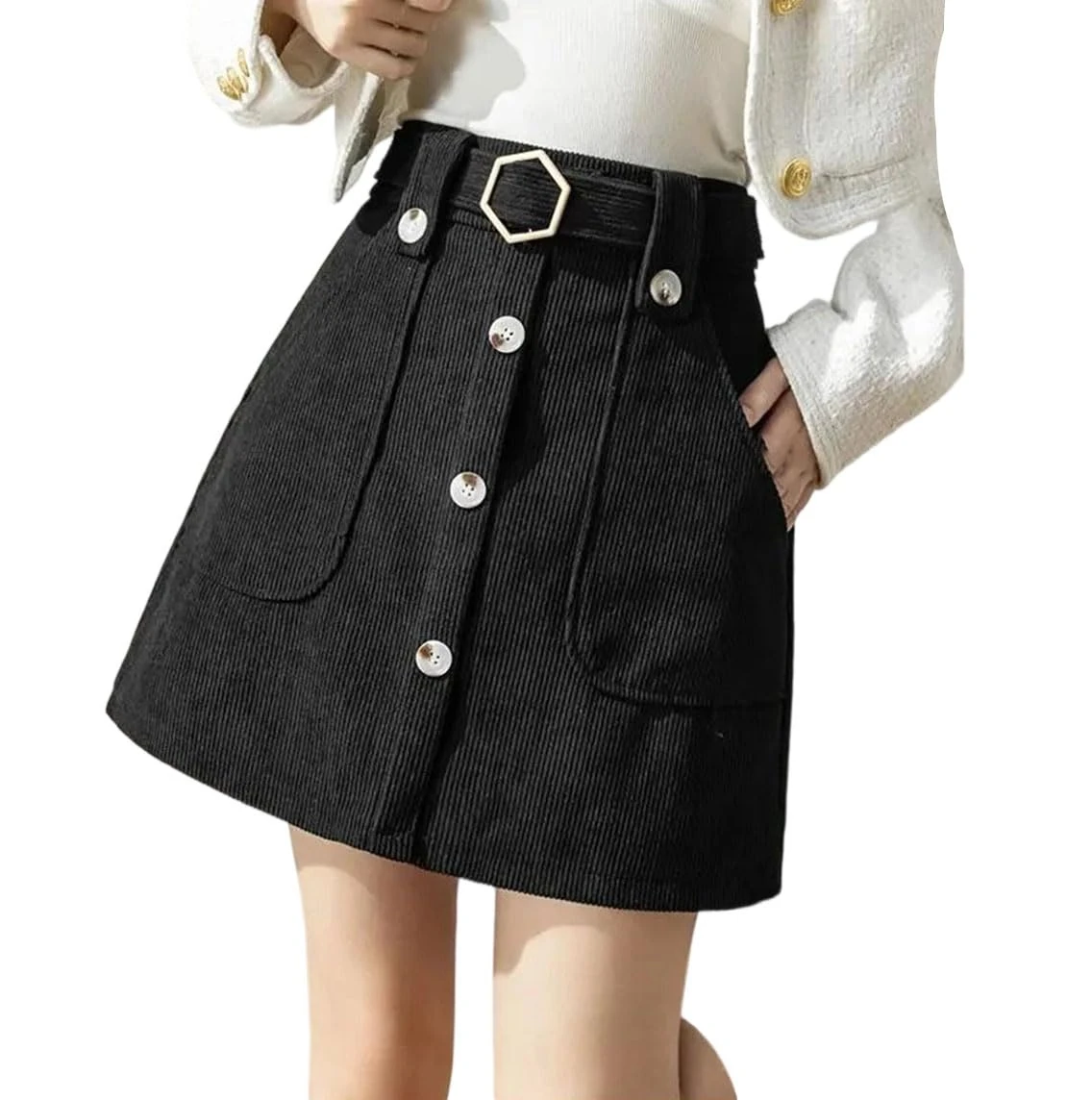 Women's Corduroy Mini Skirts Women A-Line Vintage Pockets High Skirts Black L