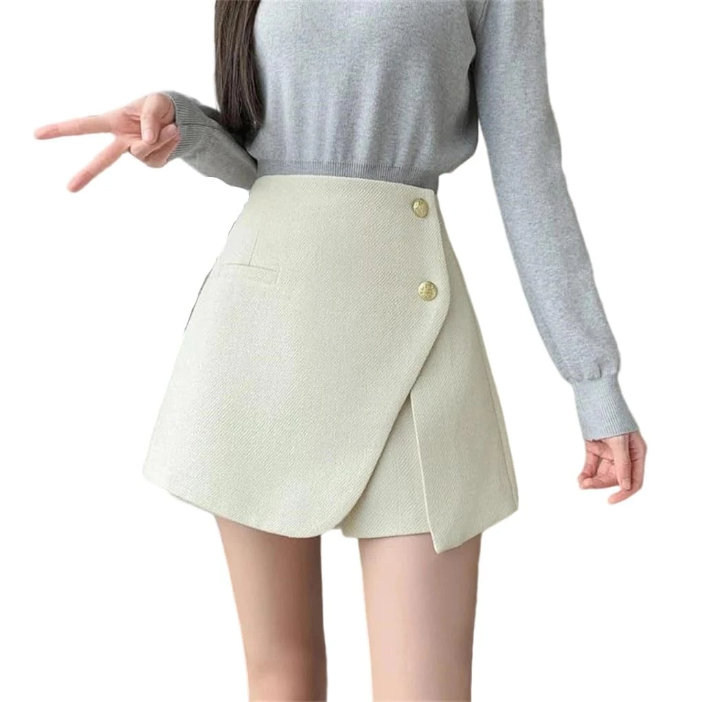 Irregular Slim Shorts Skirts with Button High Waist Casual Wear Mini A-Line Skirt Beige XL