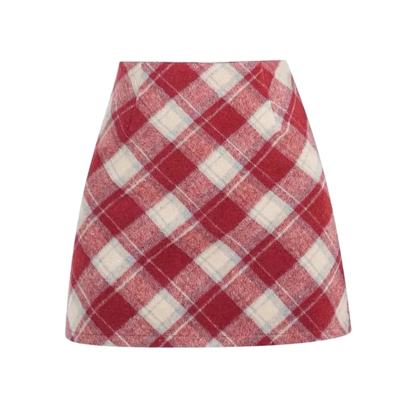 High Waist Vintage Plaid Short Pencil Skirt for Woman Casual Slim Mini Female Red XL