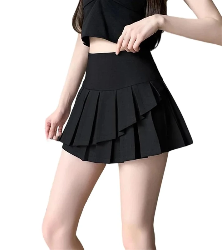 Preppy Style Irregular Pleated Short Skirt for Women High Waist Casual School Mini Skirts with Ruffles Black M