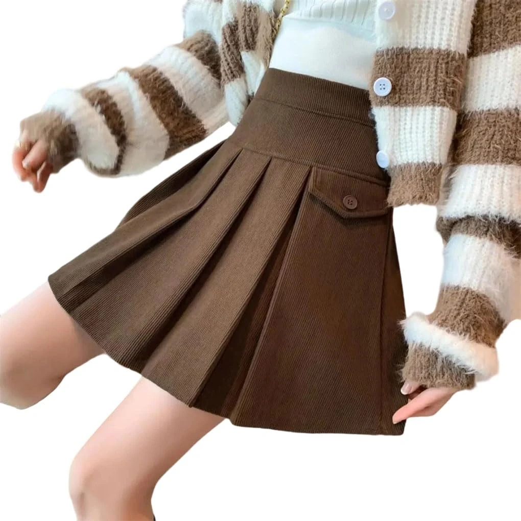 Vintage Corduroy Pleated Skirt Woman High Waist Casual Short Mini Skirts Lady Coffee S