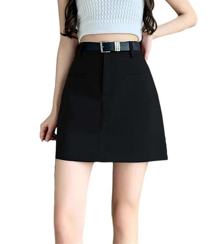 Preppy Style Woman Pencil Skirt with Belt High Waist Fabric Casual Mini Short A-Line Skirts Black XL