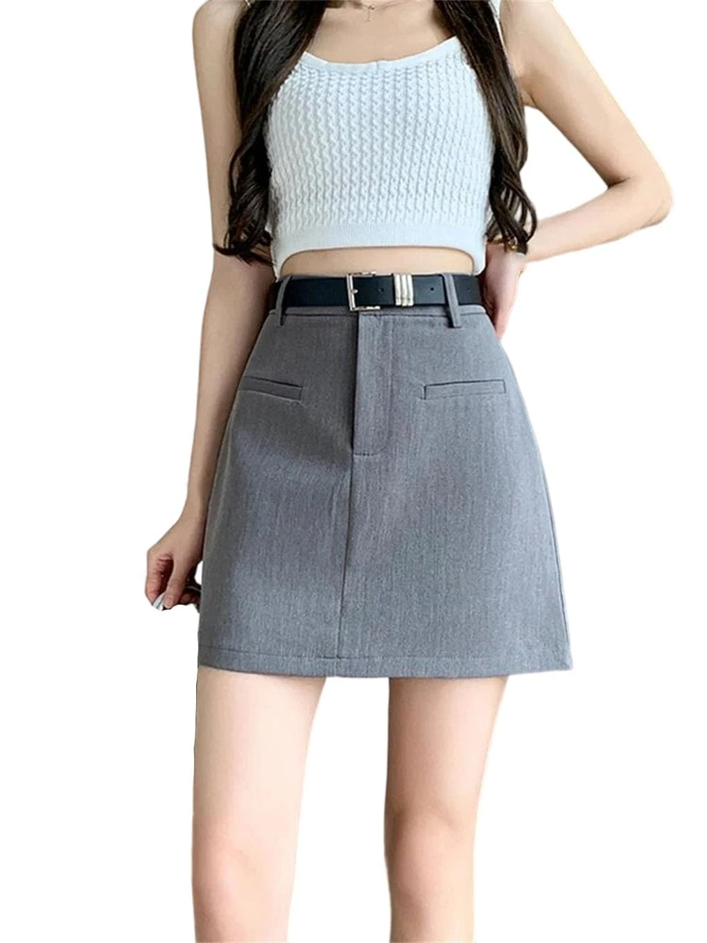 Preppy Style Woman Pencil Skirt with Belt High Waist Fabric Casual Mini Short A-Line Skirts Gray XL