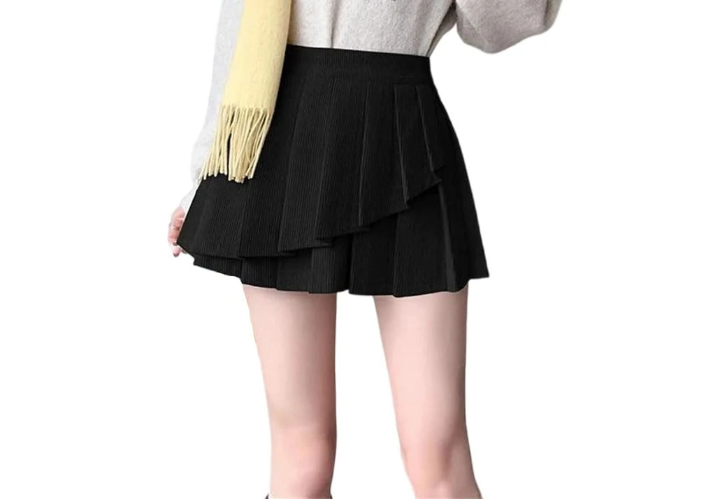 High Waist Vintage Corduroy Short Pleated Skirts Casual Cake Mini Skirt Girls Black XL