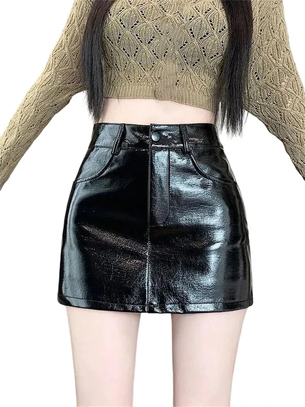 Women's Retro Pu Leather Pencil Skirt High Waist Bright Mini Short Skirt Black M