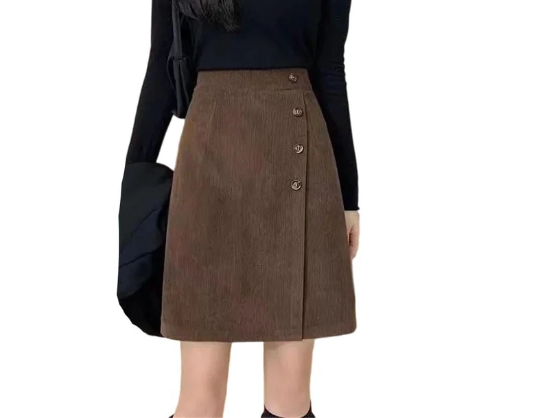 Women's Corduroy Mini Skirts Slim High Waist Solid Button Skirt Brown XXXL