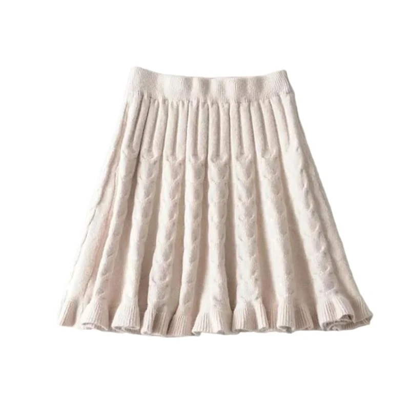 Women Ruffles Mini Casual Skirt College Style Knitted A-Line High Waist Pleated Skirts Khaki