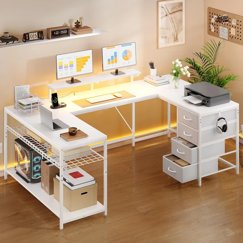YITAHOME 158×100 cm Corner Desk with Drawers, Reversible L Shaped Computer Desk with LED Lights, U Shaped Gaming Table with Powers Outlets, Work Desk With PC Stand for Home Office White