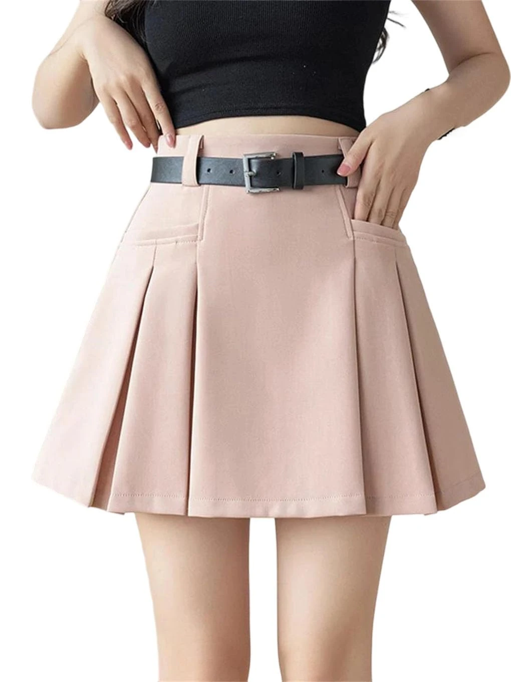 Women's Preppy Style Short Skirts with Belt High Waist Casual Mini Pleated Skirt Pnnrk L