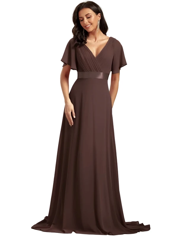 Ever-Pretty Women's Double V-Neck Short Flutter Sleeves Empire Waist Elegant Chiffon Long Evening Dresses Espresso 20