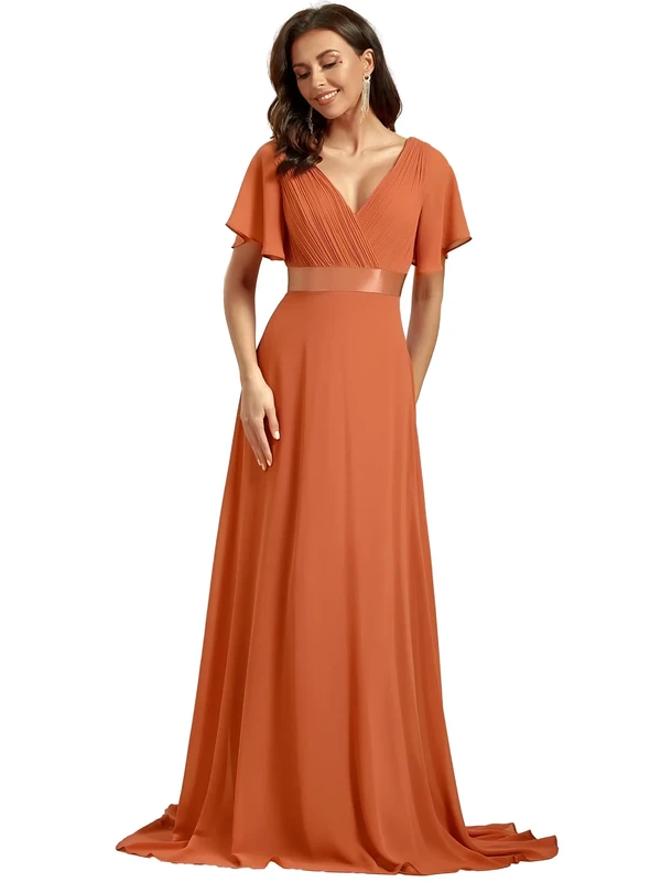 Ever-Pretty Women's Double V-Neck Short Flutter Sleeves Empire Waist Elegant Chiffon Long Evening Dresses Brandied Melon 16