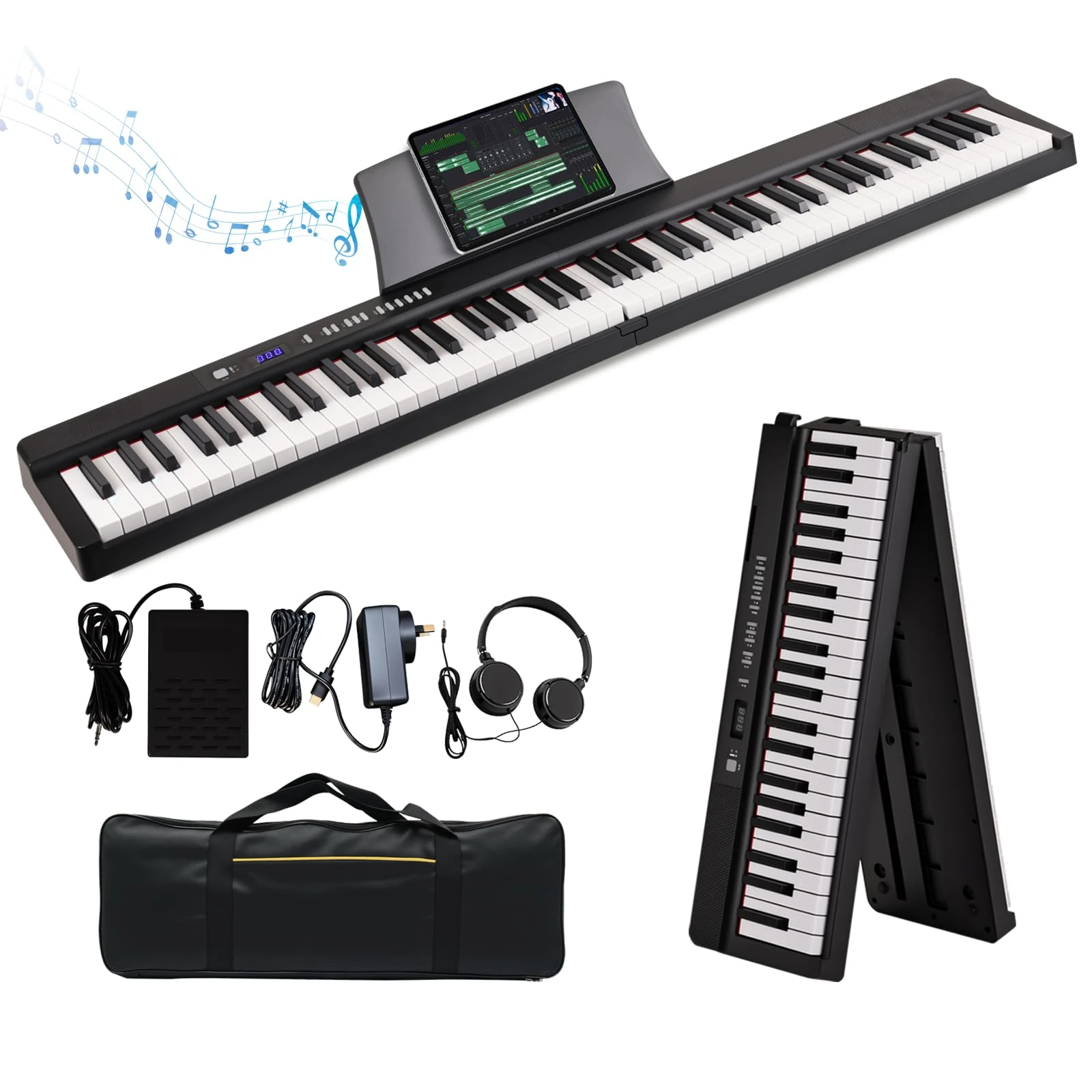 88 Key Folding Piano Keyboard, Full Size Semi-Weighted Digital Piano with Bluetooth MIDI, 128 Tones & Rhythms, 80 Demos, Dual Power Options, Portable Electric Piano for Beginners