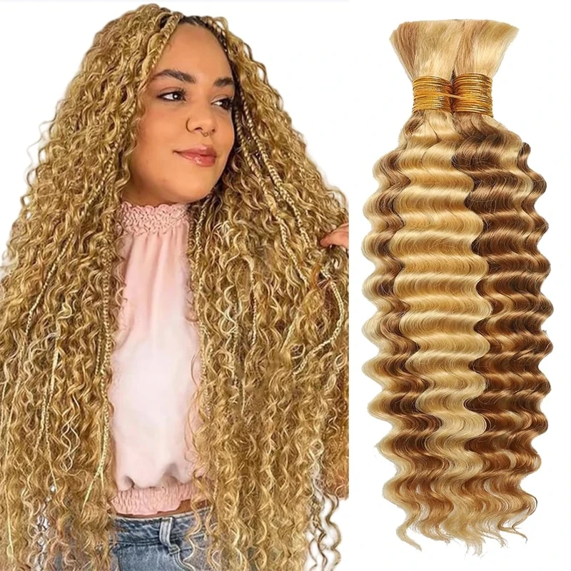Tuheerst Human Hair Extensions For Boho Braids 22 22 Inch P27/613 Highlight Blonde And Honey Blonde Wet And Weft Deep Wave Bulk Human Hair Braiding For Woman 50g/Bundle Total 100g