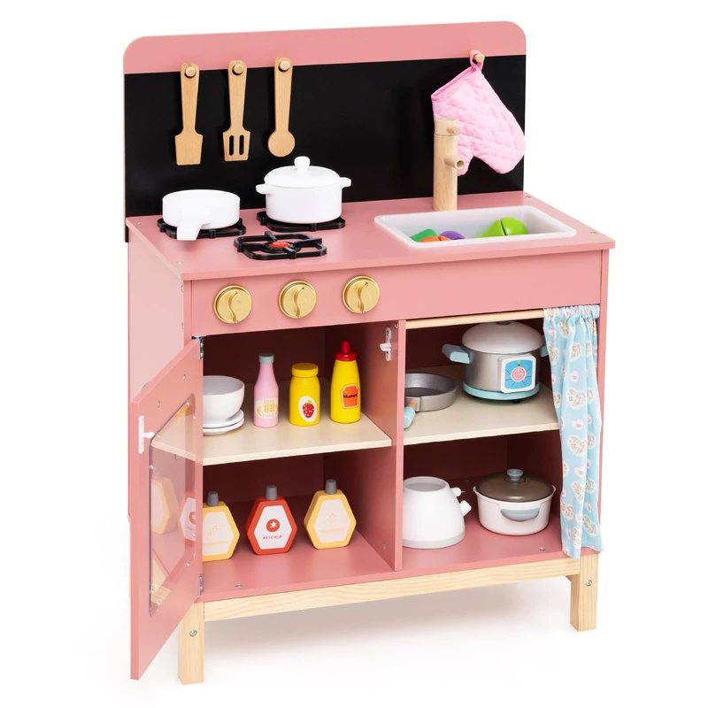GYMAX Wooden Play Kitchen, Kids Toy Kitchen with Stoves, Sink, Oven, Door Curtain & Cookware Accessories, Cooking Role Playset for 3 Years Old+